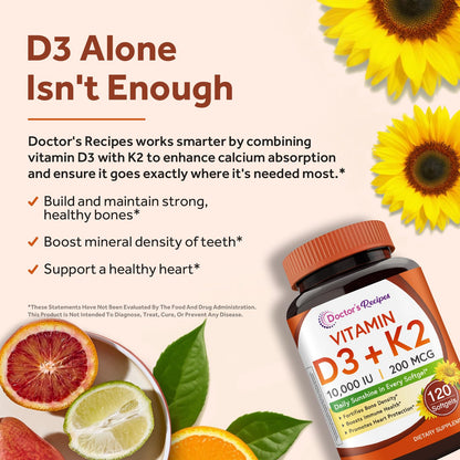 Doctor's Recipes Vitamin D3 K2, 10,000 IU, 200 mcg, MK-7, Strong Bone Density, Teeth, Immune, Heart Support, Energy, Calcium Absorption,