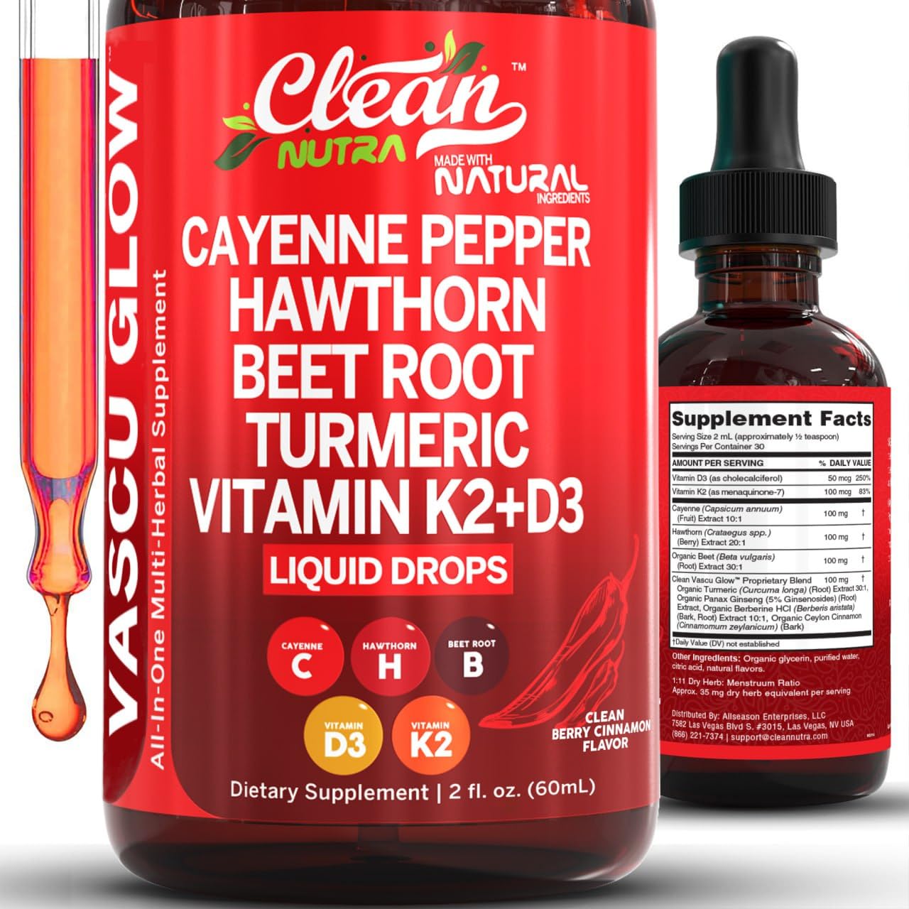 Red supplement bottle with dropper labeled 'Clean Nutra' on a white background