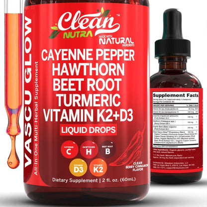 Red supplement bottle with dropper labeled 'Clean Nutra' on a white background