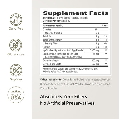 Microbiome Breakthrough Gut Support Powder Chocolate Flavor With Lactobacillus Strains, Bone Broth & Collagen Source of L-Glutamine Supports Digestive Comfort, Gas & Bloating Relief 30 Servings*