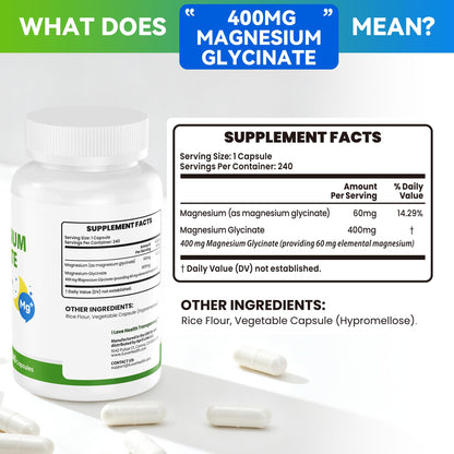 Magnesium Glycinate 400mg per Capsule – 240 Capsules – High Absorption Magnesium Supplement for Relaxation, Calmness & Muscle Support – Gentle on Stomach