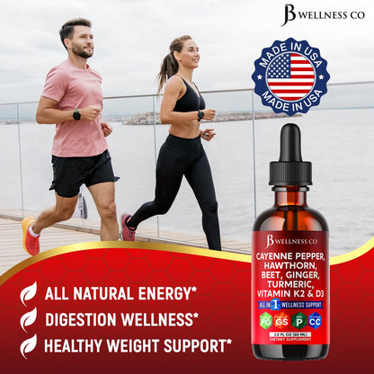 Cayenne Pepper Supplement Liquid Drops + Hawthorn Berry, Vitamin D3 K2 Beet Root Powder, Ceylon Cinnamon, Turmeric Curcumin, Organic Panax Ginseng - 4oz JB Wellness Co buy supplements Au