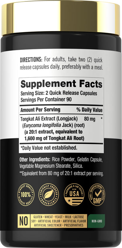 Carlyle Tongkat Ali | 180 Quick Release Capsules | Non-GMO and Gluten Free Supplement