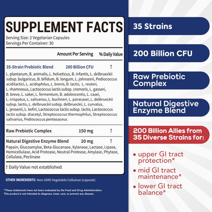Surebounty Probiotic for Men & Women, 200 Billion CFU 35 Strains, Prebiotics + Digestive Enzymes, Supreme Restore Probiotic Supplement,