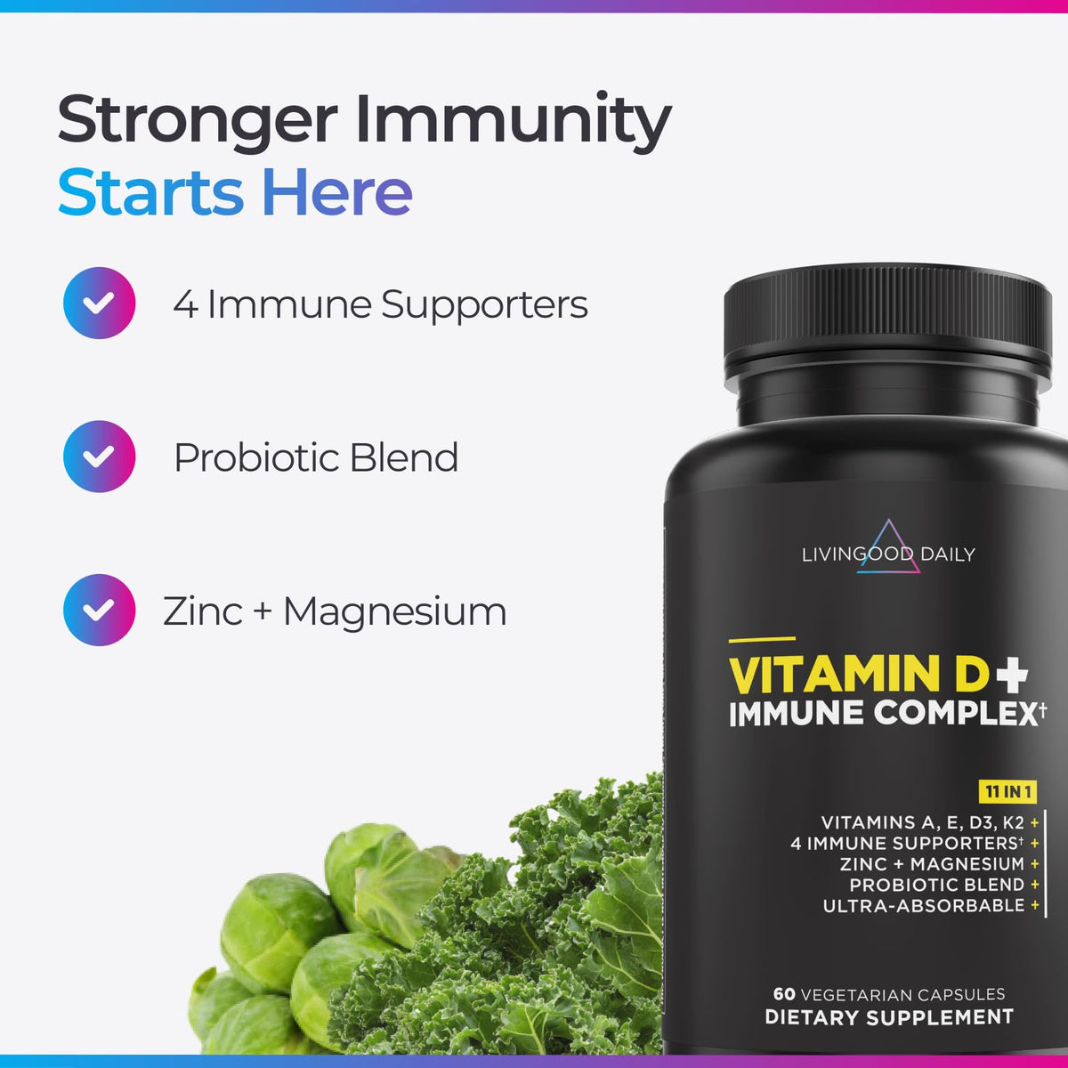 Livingood Daily Vitamin D3 K2 4000 IU Supplement, 9-in-1 Dietary Supplement for Immune Support - Made with Vitamins D, A, E, K2, Zinc, Magnesium & Probiotic Blend for Maximum Absorption - 60 Capsules Livingood Daily buy supplements Au