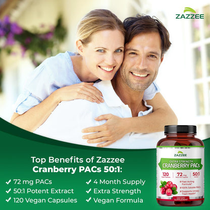 Zazzee Cranberry PACs 72 mg per Capsule, 50:1 Extract, 120 Vegan Capsules, 2X Strength, 4 Month Supply, Fast-Acting, Effective Urinary Tract & Bladder Support