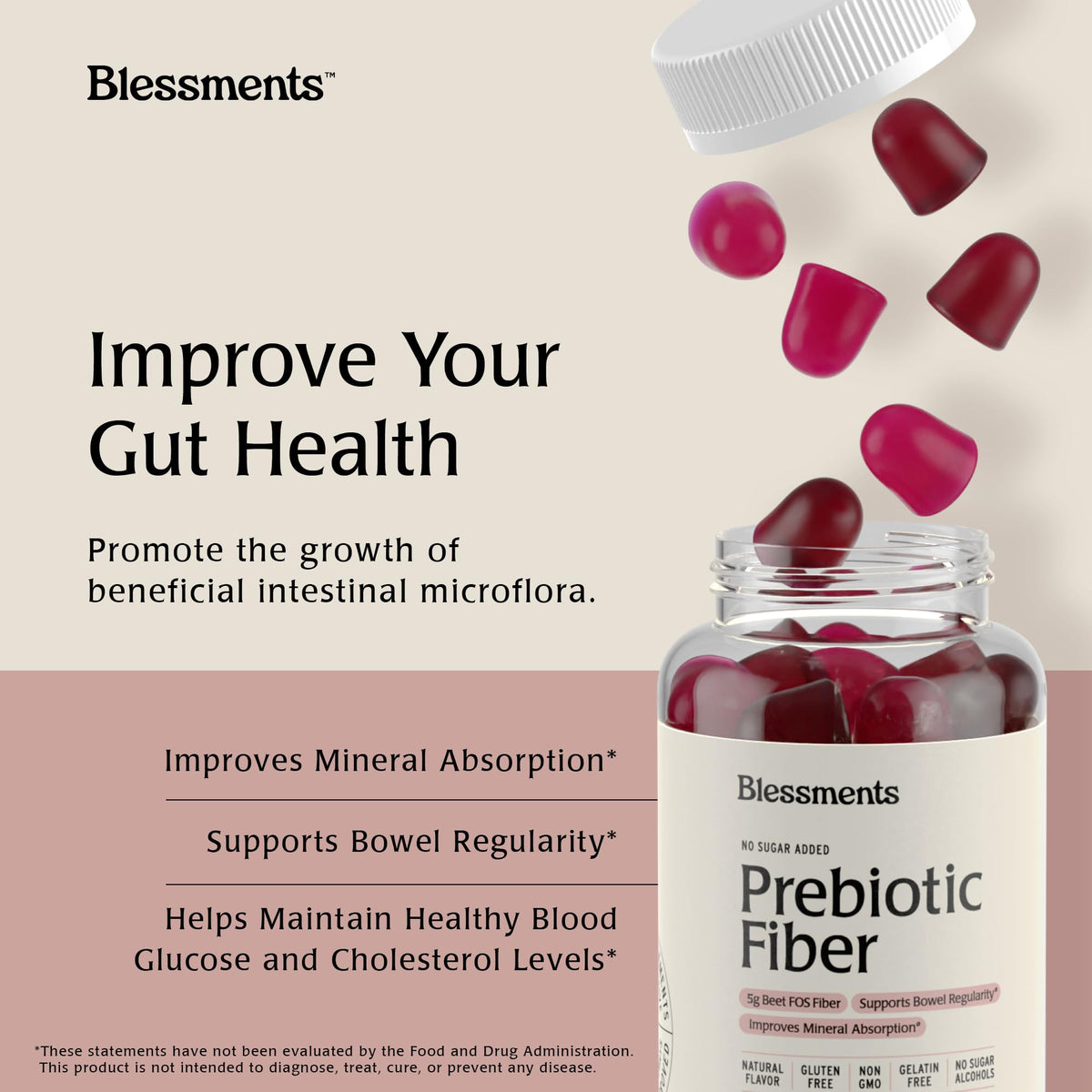 Blessments - Prebiotic Fiber Gummies for Adults & Kids with No Added Sugar- 5g (60 Count-2 Pack) High Fiber Supplement Gummies - Vegan - Keto Friendly