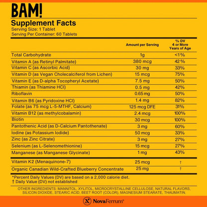 NovaFerrum BAM Chewable Multivitamin for Kids & Adults Ages 4 and Above – Fruit Blast Flavor – 60 Chewable Tablets NovaFerrum