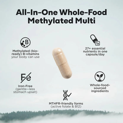 Wild Methylated Multivitamin for Women & Men | Daily Multi Vitamin | MTHFR Supplement Without Iron | Methylated B12, Folate, Vitamin C, A, K2, D, E Wild Foods