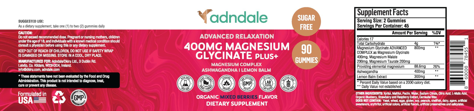 Adndale 90 CT Magnesium Glycinate 400 mg Gummies with Ashwagandha, Magnesium Malate & Taurate, Sugar Free Magnesium Gummies for Adults & Kids. AdndaleBuy Supplements Australia