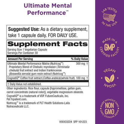 Purity Products Ultimate Mental Performance Supports Memory Recall, Mental Focus + More - Nootropic Powerhouse ft. Patented Botanical Plant-Based Ingredients - Vegan & Non-GMO - 30 Veggie Caps Purity ProductsBuy Supplements Australia