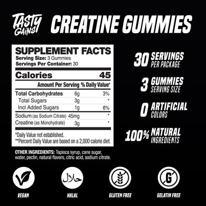TASTY GAINS Creatine Gummies - 90g of Creatine Monohydrate - Workout Supplements - Build Muscle & Boost Strength for Men & Women - Made in USA