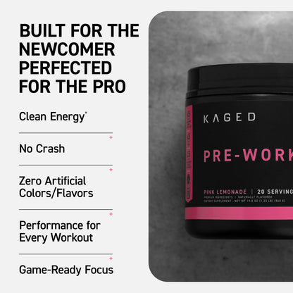 Kaged Sport Pre Workout Powder for Men & Women, Pink Lemonade, Sport Certified, 188mg Caffeine, Nitric Oxide, Beta Alanine, 20 Servings