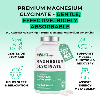 Love Life Supplements Pure Magnesium Glycinate (Bisglycinate), 240 Vegan Capsules, 2 Month Supply, High Strength 300mg Elemental