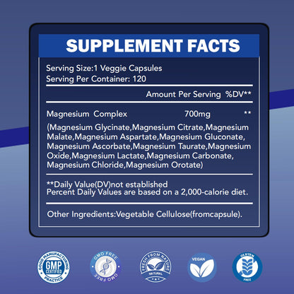 Magnesium Complex 700mg 12 in 1 Magnesium Supplement with Glycinate, Citrate, Malate | Sleep, Calm, Muscle Relaxation, Heart Health Support | Vegan 120 Capsules WINYEL buy supplements Au
