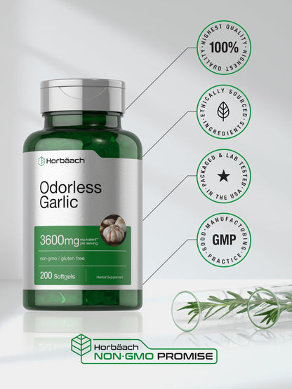 Horbäach Odorless Garlic Softgel Supplement | 200 Count | Ultra Potent Concentrated Herbal Extract | Non-GMO & Gluten Free