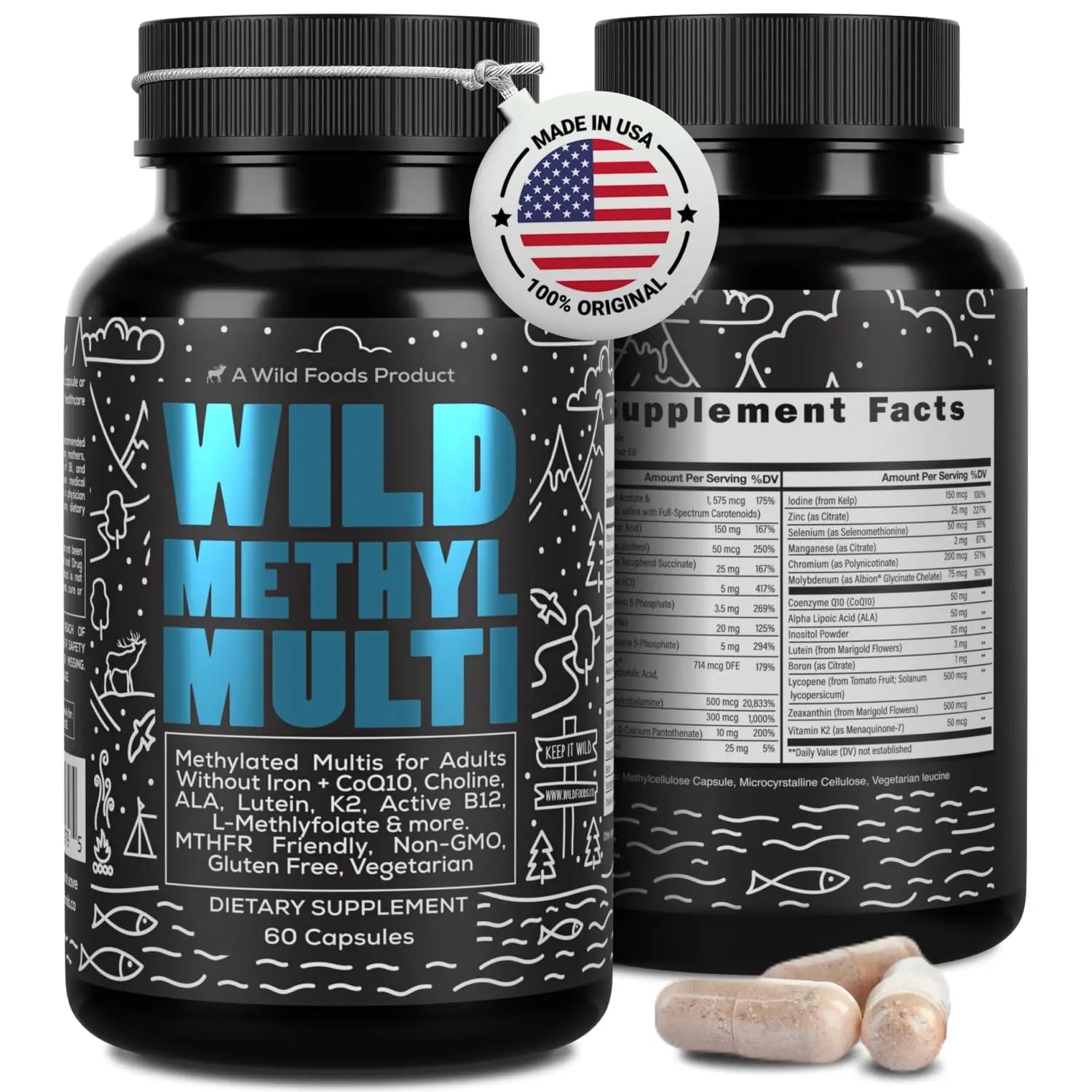 Wild Methylated Multivitamin for Women & Men | Daily Multi Vitamin | MTHFR Supplement Without Iron | Methylated B12, Folate, Vitamin C, A, K2, D, E Wild Foods