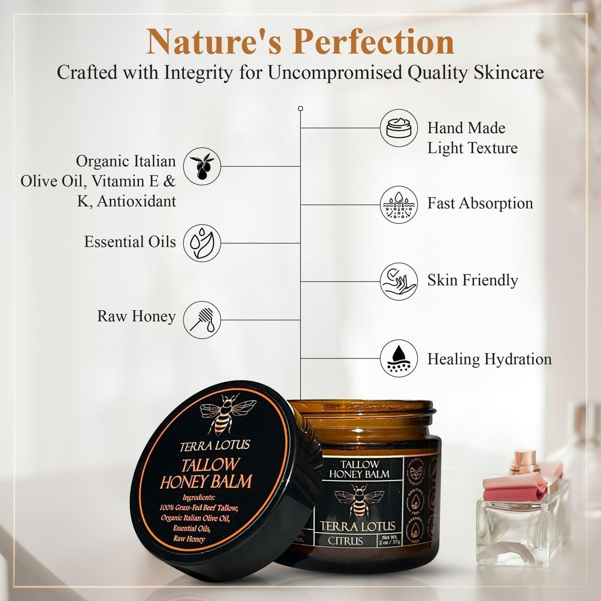 Terra Lotus - Organic Grass-Fed Beef Tallow Balm with Raw Honey - Moisturizing Cream