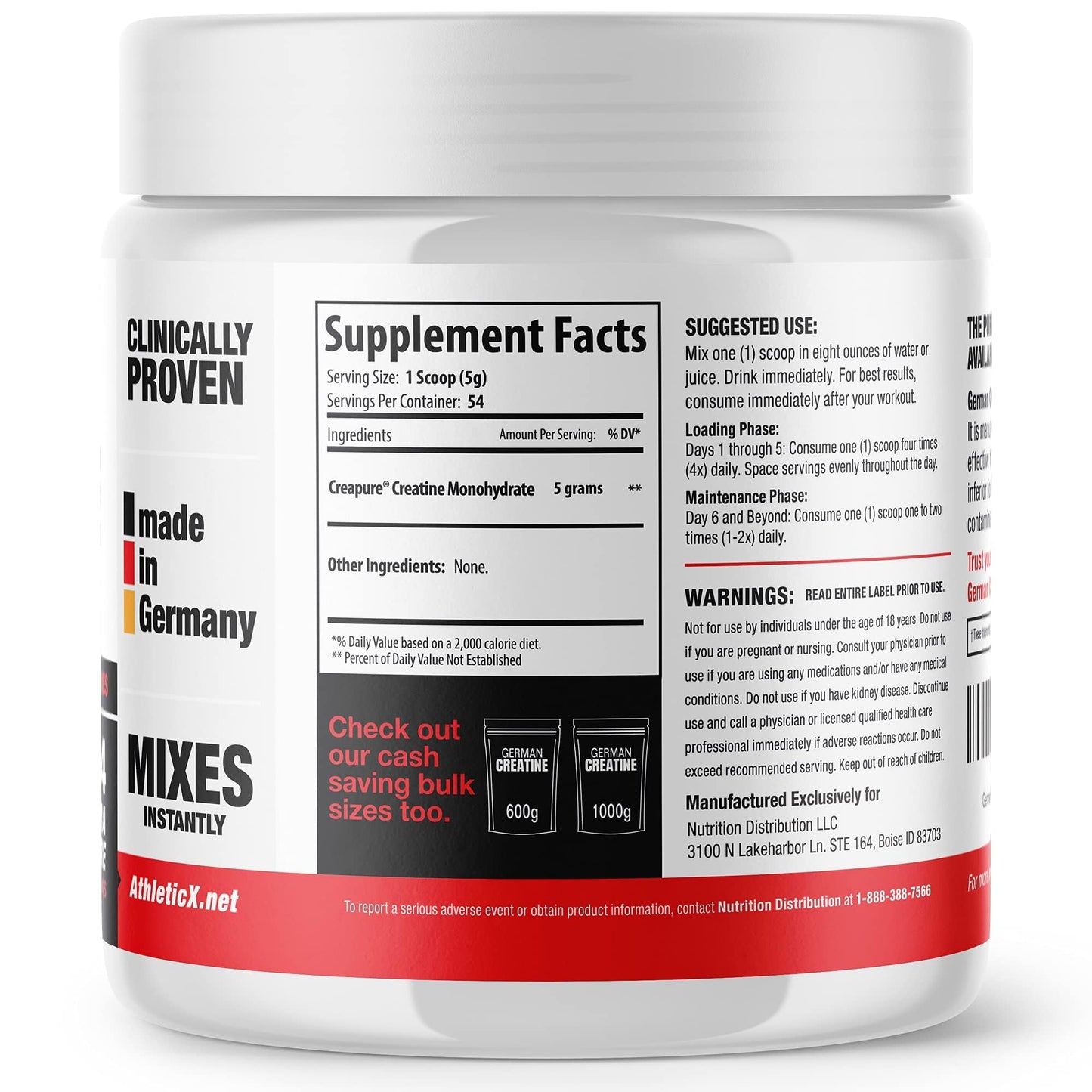 German Creatine - Micronized Creatine Monohydrate Powder, 99.99% Pure Creapure for Muscle Growth, Strength & Performance, Supports Muscle Recovery, 3rd Party Tested