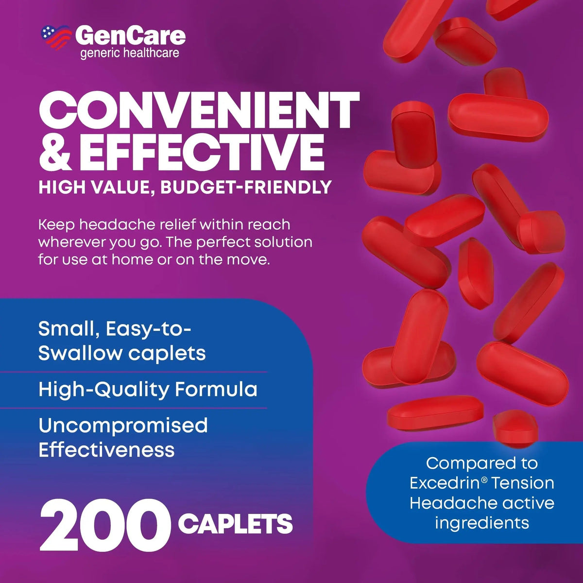 GenCare - Tension Headache Relief Pain Reliever with Acetaminophen 500 mg & Caffeine 65 mg (200 Caplets) Best Value Bulk Extra Strength for Head, Migraine, Joint Pain & Body Ache Relief Medicine GenCareBuy Supplements Australia