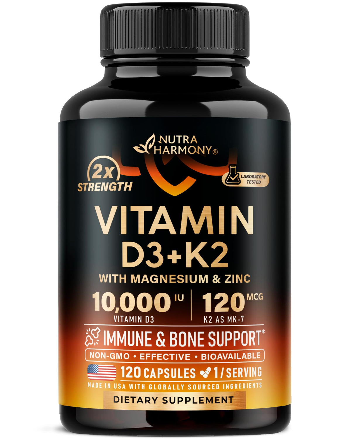 Vitamin D3 K2 - Vitamin D3 10000 iu & K2 as MK-7 120 mcg - Immune & Mood Support, for Bone & Teeth Health - with Magnesium, Zinc & Vitamin C & B12 - Highly Bioavailable - Made in USA, 120 Capsules NUTRAHARMONY buy supplements Au