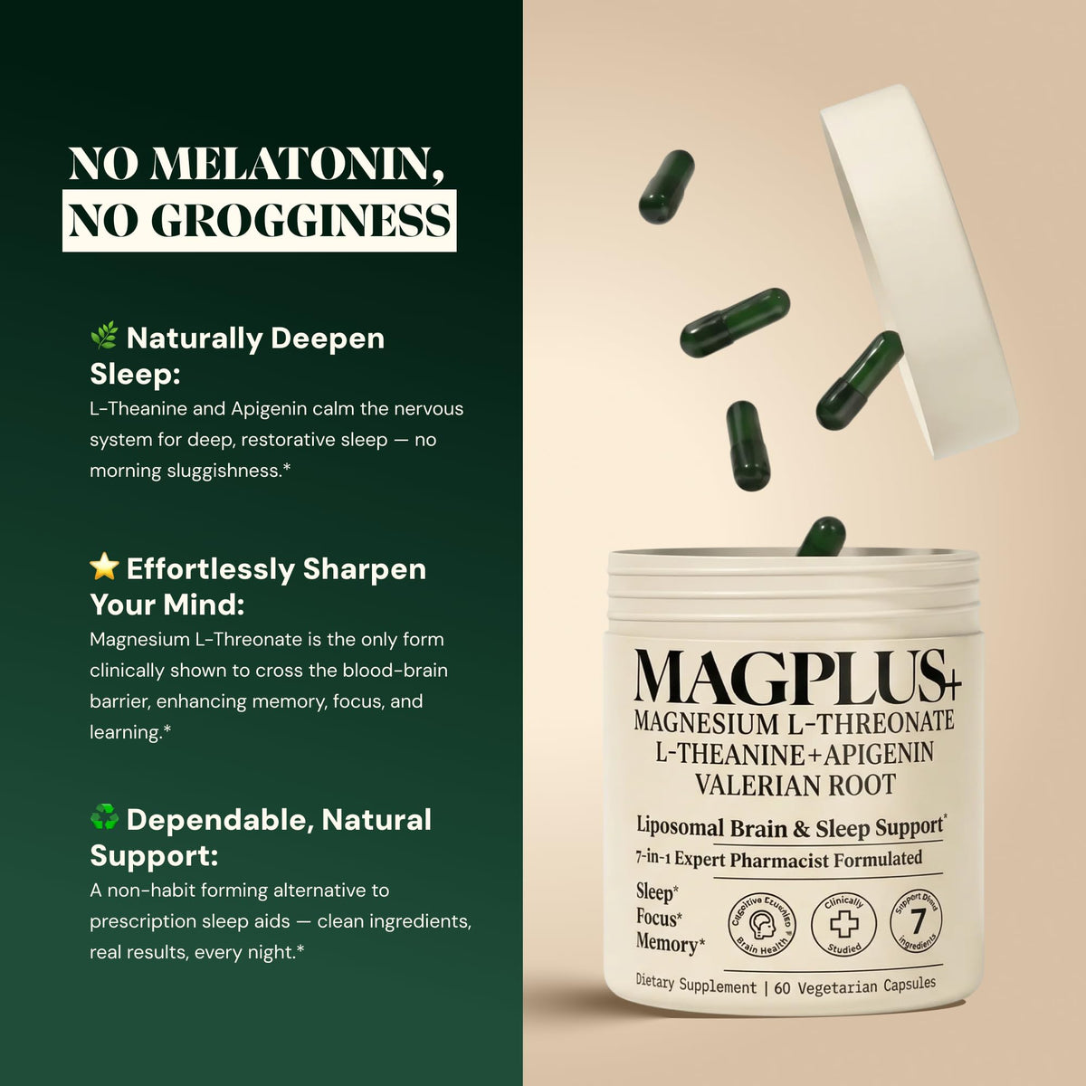 Magnesium L-Threonate with Apigenin, Valerian Root & L-Theanine – No Melatonin Restful Sleep & Brain Supplement – Clinically Studied 7-Ingredient Formula – Memory & Focus – 60 Capsules Plus+Ultra buy supplements Au