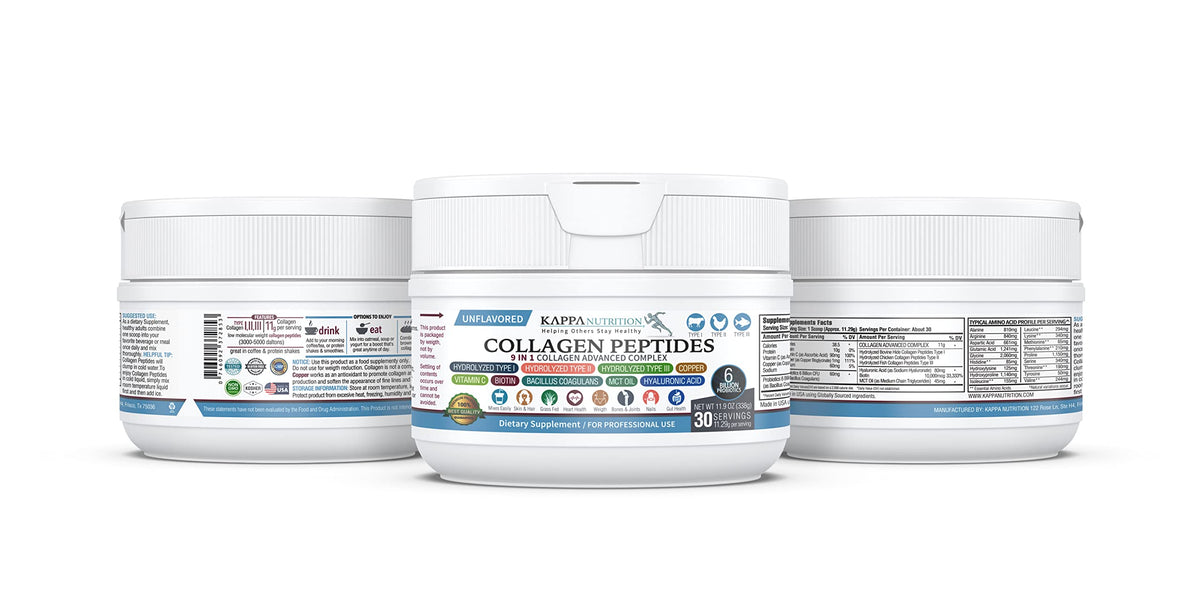 KAPPA NUTRITION Collagen Type I, II, III, 6 Billion Probiotic Acid Resistance, Hyaluronic Acid, Vitamin C, Biotin, Copper and MCT Oil, Beautiful Hair, Nails, & Skin, Collagen Peptides 9 in 1 (11.9oz) KAPPA NUTRITIONBuy Supplements Australia