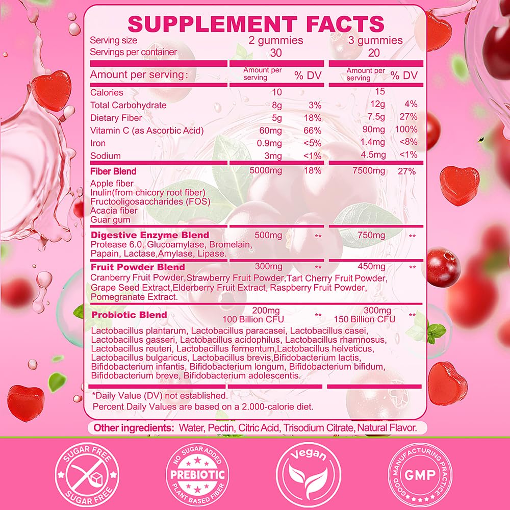 Fiber Gummies 7500mg, Probiotics & Digestive Enzymes, Sugar-Free, Vegan & Gluten-Free Supplement for Gut Health, Bloating Support & Regularity)