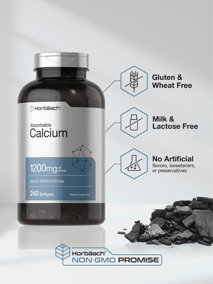 Horbäach Calcium 1200 mg with Vitamin D3 | 240 Softgels | 5000 IU Vitamin D3 | Absorbable Calcium Supplement for Women and Men