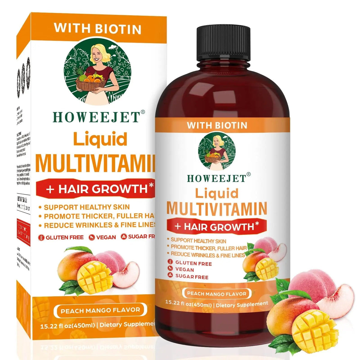 Liquid Multivitamin for Hair Growth | Biotin 10000mcg | Hair & Skin Support Supplement | Clinically Tested for Thicker Hair & Skin Elasticity HOWEEJET