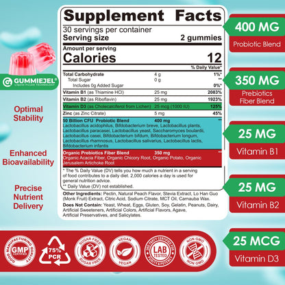 NEVISS Probiotic + Prebiotic Gummies for Adults & Kids 4+, Sugar Free Chewable 50 Billion CFUs w/Fiber, Vitamin B1 B2 D3 & Zinc, for Digestive & Gut Health