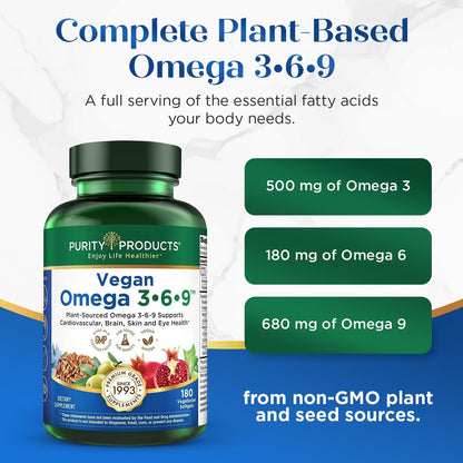 Purity Products Vegan Omega 3 6 9 Formula - “5 in 1” Essential Fatty Acid Complex - Scientifically Formulated Plant-Based Vegan Omega 3-6-9 Essential Fatty Acids