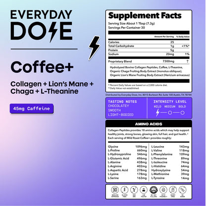 Everyday Dose Premium Adaptogenic Mushroom Coffee with Grass-Fed Collagen, Chaga, Lions Mane & L-Theanine for Better Focus, Energy, Digestion, Skin, and Immunity 30 Servings