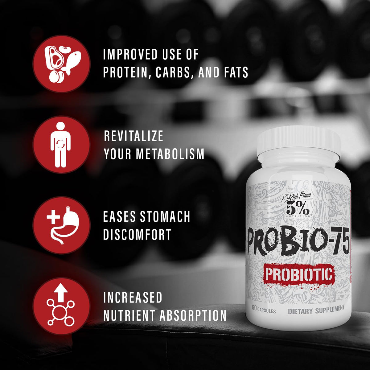 5% Nutrition Rich Piana Probio-75 Billion CFUs | Vegan, 14 Unique Strains