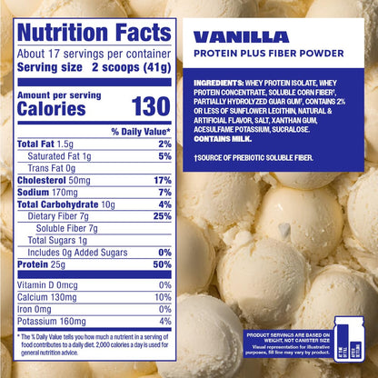Premier Protein Powder Plus Fiber, Vanilla, 25g Protein, 7g Fiber to Support Gut Health, No Added Sugar (17 Servings)