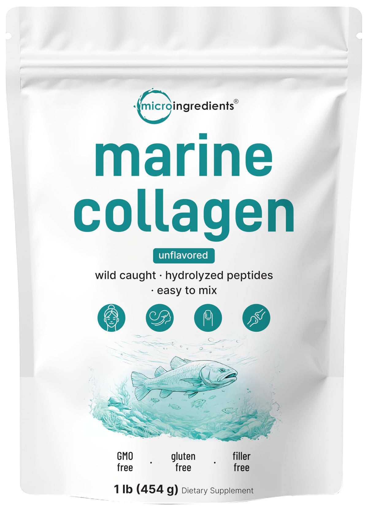 Micro Ingredients Marine Collagen Peptides Powder, 1 lb | Type I Marine Collagen + Natural Protein | Wild-Caught Fish Source