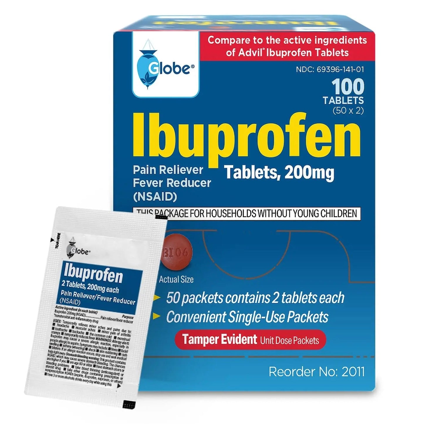 Globe Ibuprofen Tablets, 200 mg, Pain Reliever and Fever Reducer, for Headache, Muscular Aches, Arthritis, Backache and More 50 Packets of 2 Tablets Each,100 Tablets Trifecta Pharmaceuticals USABuy Supplements Australia