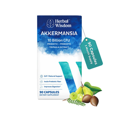 Herbal Wisdom Akkermansia Probiotic 10 Billion CFU - Advanced Support, Probiotic+Prebiotic | for Gut & Metabolism Support - No Bloating | with Inulin & Triphala