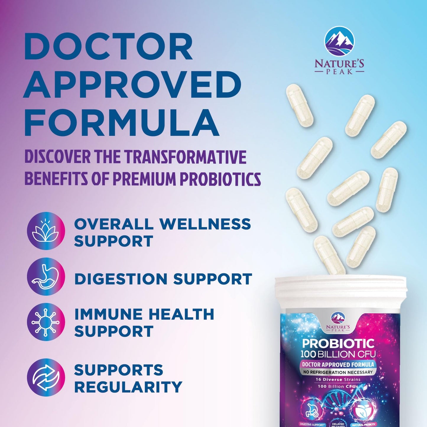 Probiotics for Digestive Gut Health - 100 Billion CFU Per Capsule, 16 Premium Strains & Prebiotics - Best Probiotics for Women & Men, Occasional Constipation