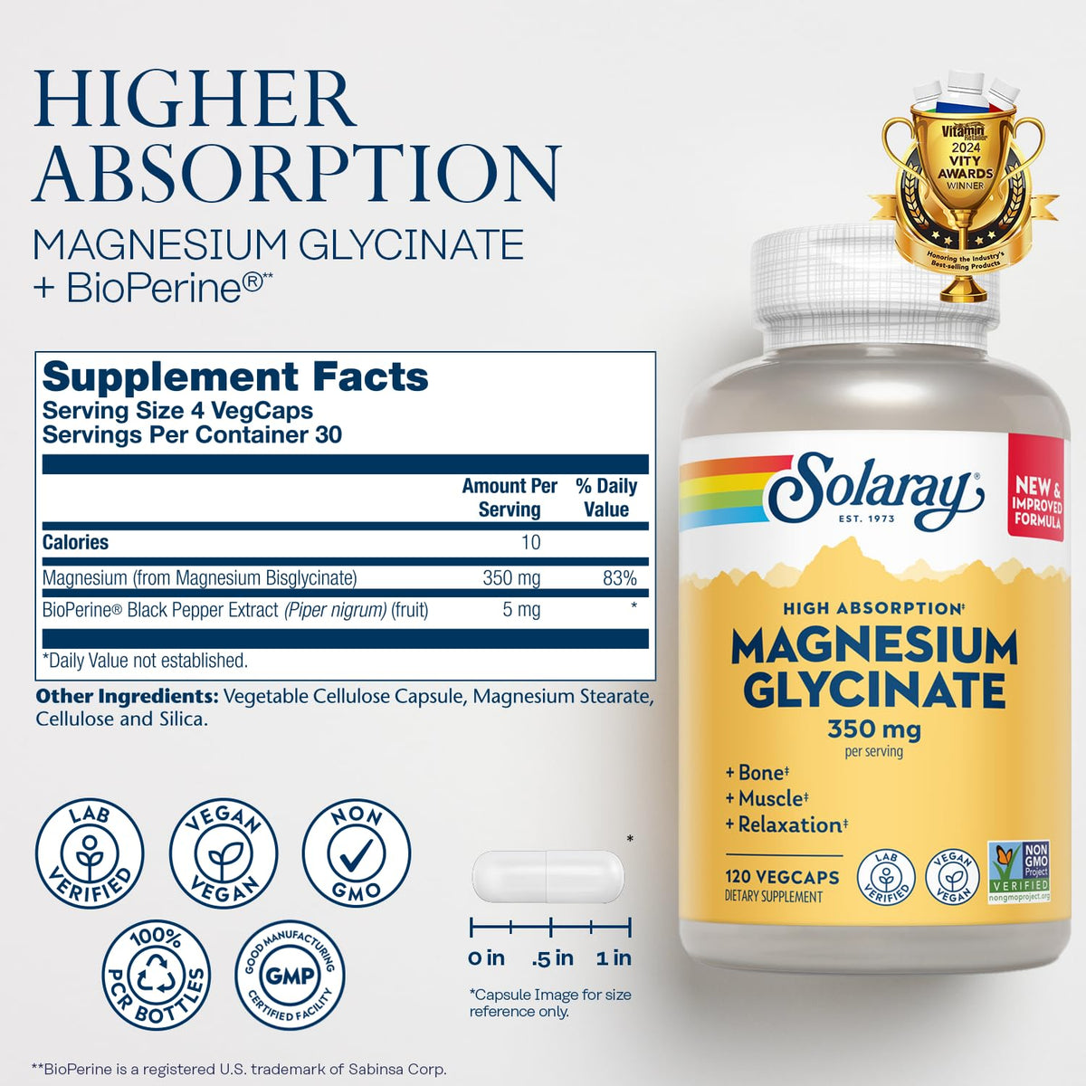 SOLARAY Magnesium Glycinate Capsules, Chelated Magnesium Bisglycinate w/BioPerine, Higher Absorption Magnesium Supplement - Bones, Muscles, Heart Support, Vegan (30 Servings, 120 VegCaps) SOLARAYBuy Supplements Australia