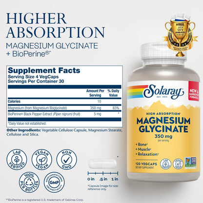 SOLARAY Magnesium Glycinate Capsules, Chelated Magnesium Bisglycinate w/BioPerine, Higher Absorption Magnesium Supplement - Bones, Muscles, Heart Support, Vegan (30 Servings, 120 VegCaps) SOLARAYBuy Supplements Australia