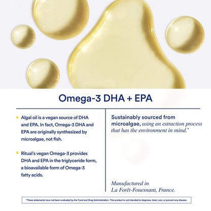 Ritual Vegan Omega 3 Supplement - Science-Backed Dose of DHA and EPA - Bioavailable Omega-3 from Algae Oil - Brain, Heart, and Eye Health Support