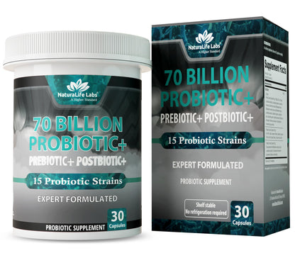 NaturaLife Labs Probiotics 70 Billion CFU – 15 Strains with Organic Prebiotic & Postbiotic – 3-in-1 Formula – 30 Vegan Capsules