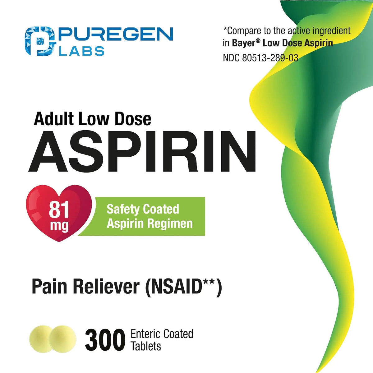 Puregen Labs Aspirin 81 mg Low Dose (NSAID) – 300 Enteric Coated Tablets P Puregen LabsBuy Supplements Australia