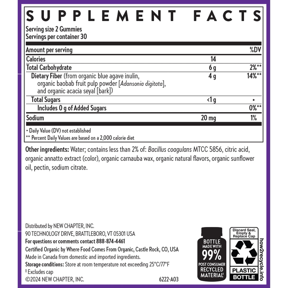New Chapter Organic Fiber Gummies for Adults & Kids (Age 4+), Plant-Based Prebiotic Fiber for Digestive Health, Vegan, Non-GMO, USDA Organic