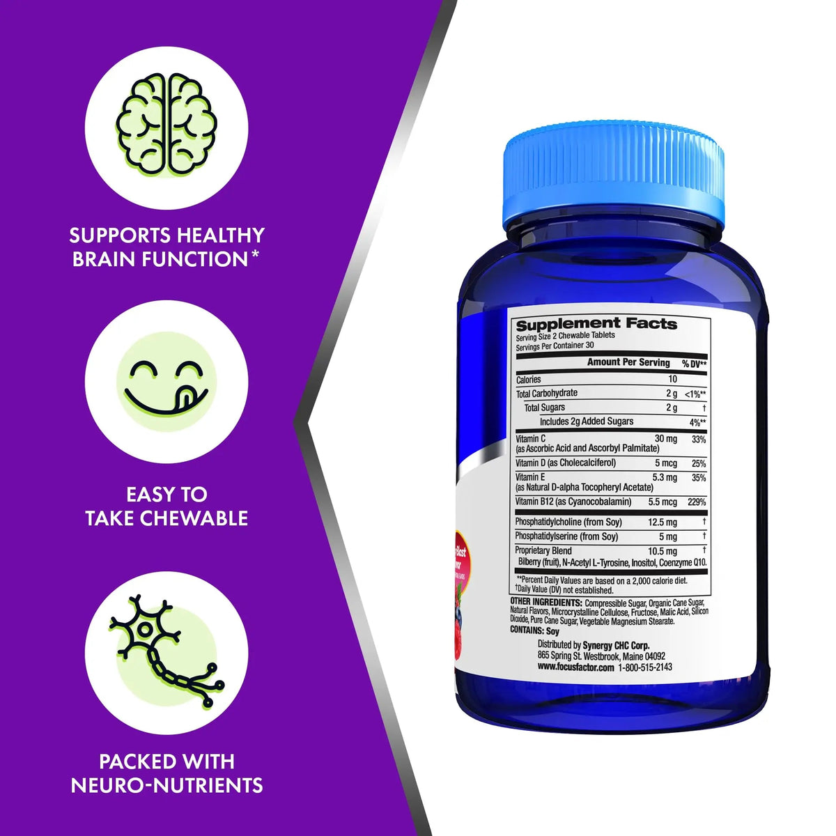 Focus Factor Kids Complete Daily Chewable Vitamins: Multivitamin & Neuro Nutrient (Brain Function) w/Vitamin B12, C, D3-60 Count Focus Factor