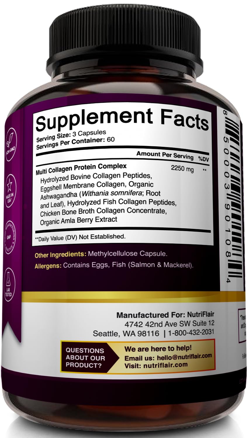 NutriFlair Multi Collagen Peptides 2250mg - Type I, II, III, V, X - Collagen Supplements Complex Powder Pills for Women and Men - Hydrolyzed Protein, Healthy Hair, Skin, Nails - Non-GMO (180 Capsules) NutriFlair buy supplements Au