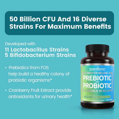 Zentastic Probiotics & Prebiotics Supplement - 50 Billion CFU - for Men & Women’s Immune & Digestive Health - 16 Strains - Shelf Stable - 180 Delayed Release Veggie Capsules