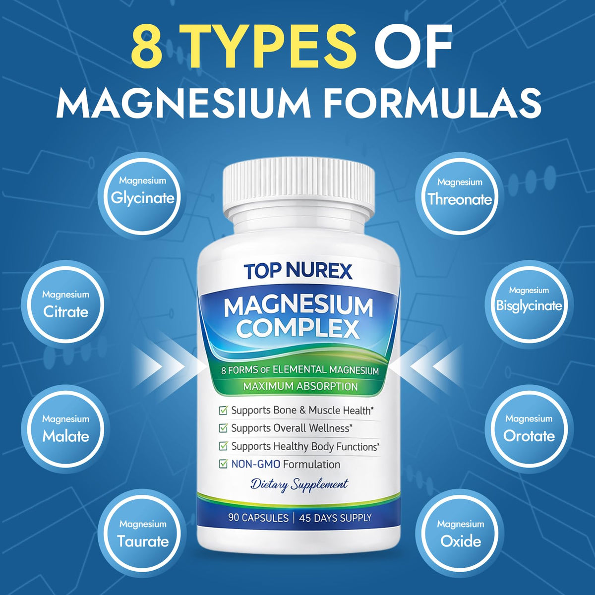 Top Nurex Magnesium Complex 1000 mg, 8-Source Magnesium Blend with Glycinate, Citrate, Malate & Taurate, Vegan Formula, Non-GMO, 90 Capsules Top Nurex buy supplements Au