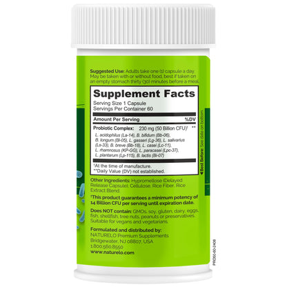 NATURELO Probiotics for Digestive Health - 50 Billion CFU, 11 Strains, Daily Use Supplement - Boosts Immune System, Delayed Release,